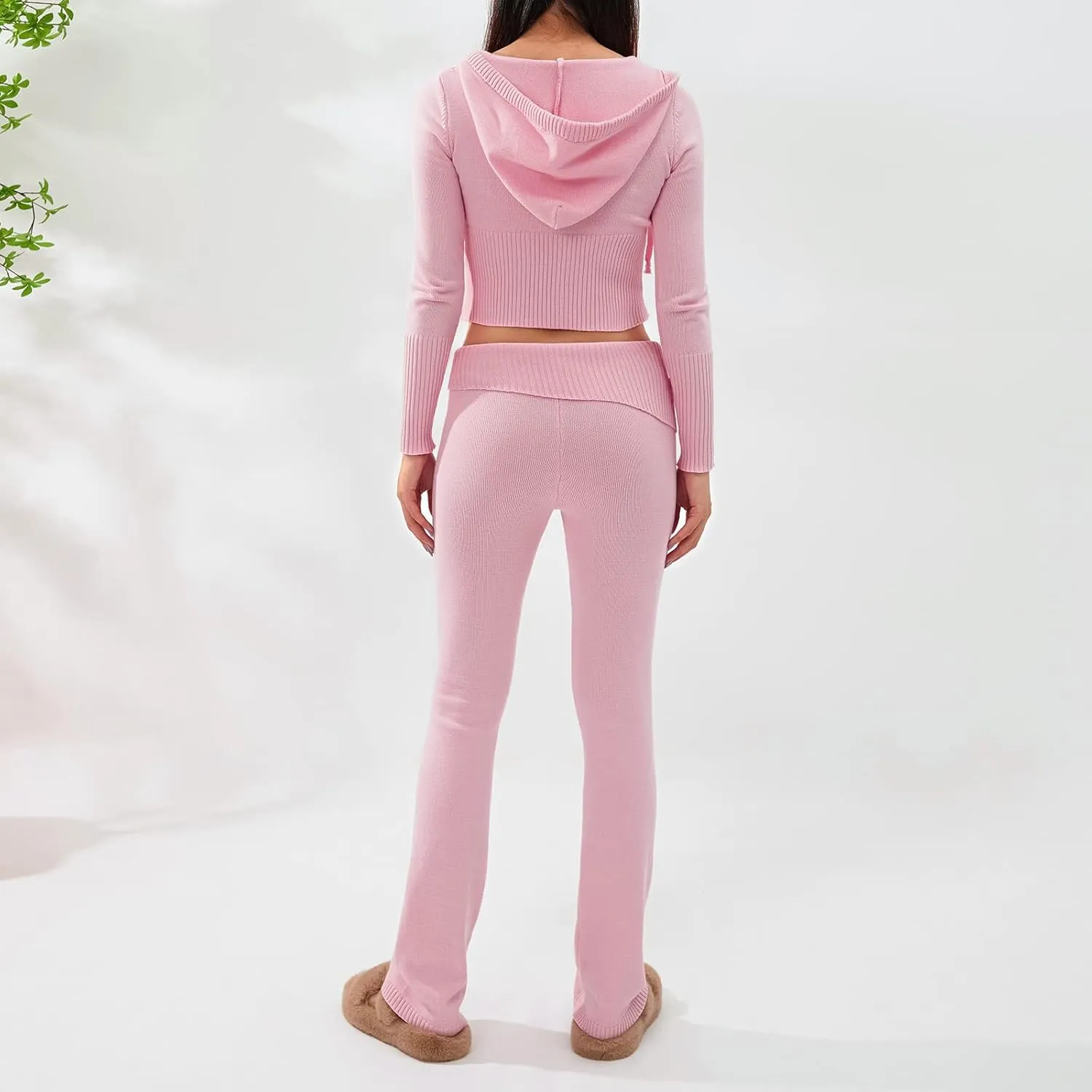 NUFIWI Women Ribbed Knit 2 Piece Outfits Long Sleeve Zip Up Hooded High Waist Wide Leg Skinny Pants Set Loungewear
