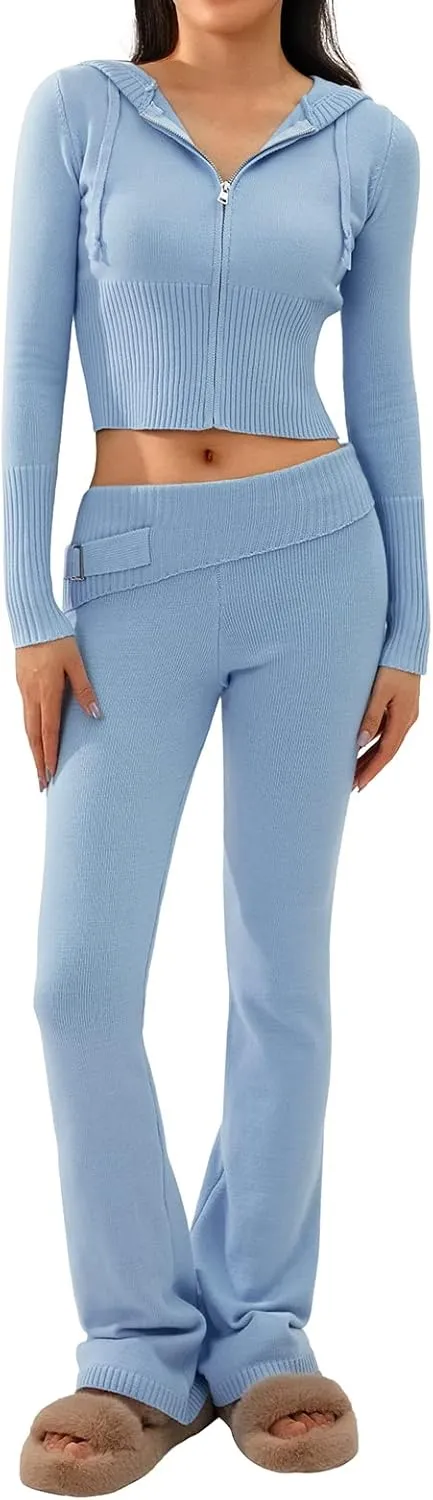 NUFIWI Women Ribbed Knit 2 Piece Outfits Long Sleeve Zip Up Hooded High Waist Wide Leg Skinny Pants Set Loungewear