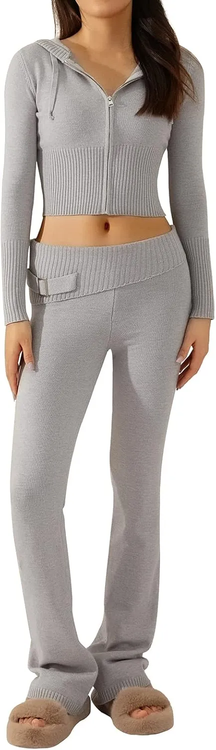 NUFIWI Women Ribbed Knit 2 Piece Outfits Long Sleeve Zip Up Hooded High Waist Wide Leg Skinny Pants Set Loungewear