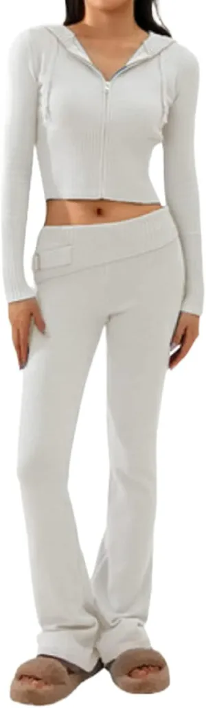 NUFIWI Women Ribbed Knit 2 Piece Outfits Long Sleeve Zip Up Hooded High Waist Wide Leg Skinny Pants Set Loungewear