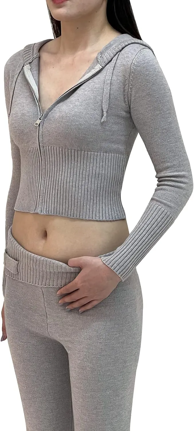 NUFIWI Women Ribbed Knit 2 Piece Outfits Long Sleeve Zip Up Hooded High Waist Wide Leg Skinny Pants Set Loungewear