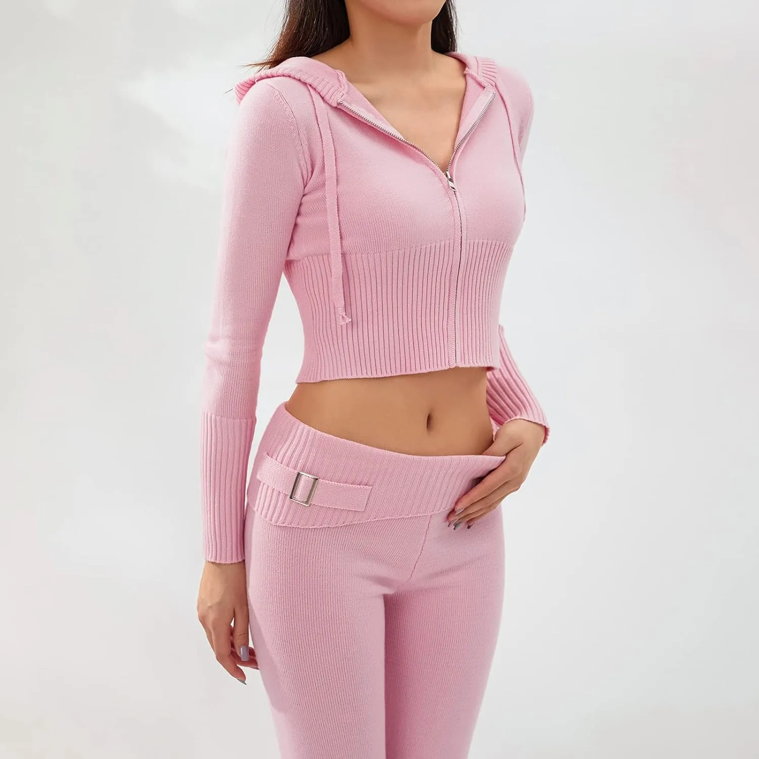 NUFIWI Women Ribbed Knit 2 Piece Outfits Long Sleeve Zip Up Hooded High Waist Wide Leg Skinny Pants Set Loungewear