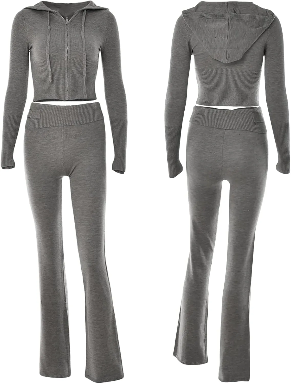 NUFIWI Women Ribbed Knit 2 Piece Outfits Long Sleeve Zip Up Hooded High Waist Wide Leg Skinny Pants Set Loungewear