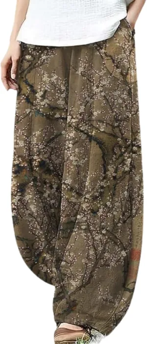 Ocean Print Cargo Pants for Women Cotton Linen Japanese Baggy Trouser Casual Boho Oil Painting Pants Wide Leg