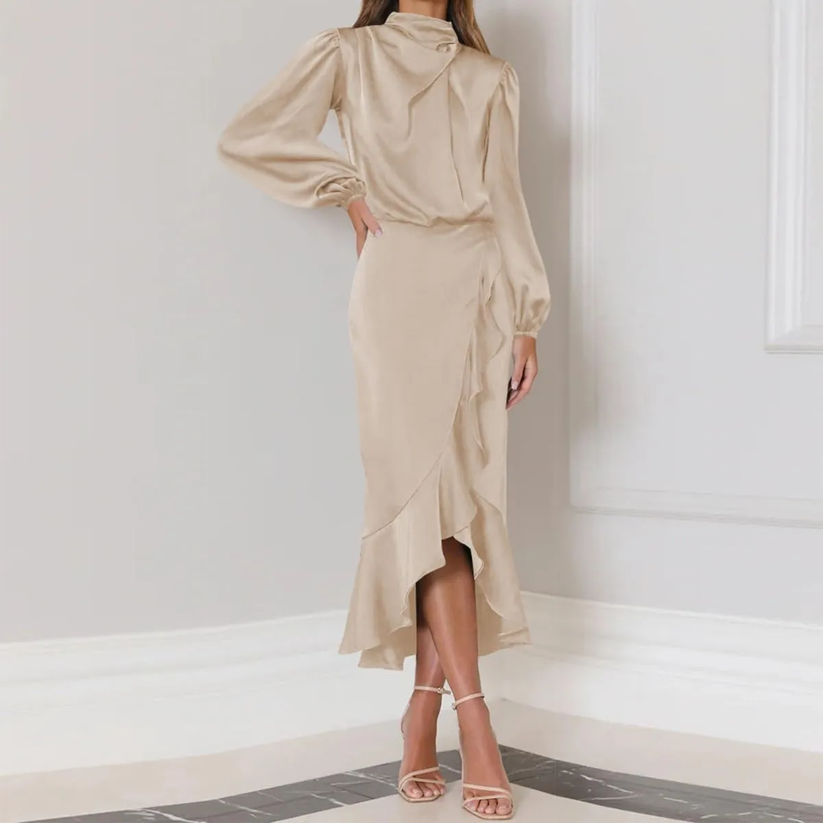 ODIZLI Women Mock Neck Satin Dresses Cocktail Dress Elegant Long Sleeve Ruffle Wrap Fall Dresses