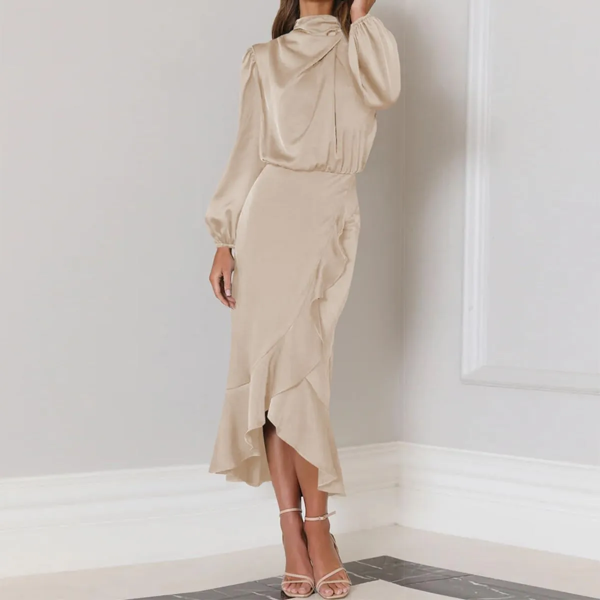 ODIZLI Women Mock Neck Satin Dresses Cocktail Dress Elegant Long Sleeve Ruffle Wrap Fall Dresses