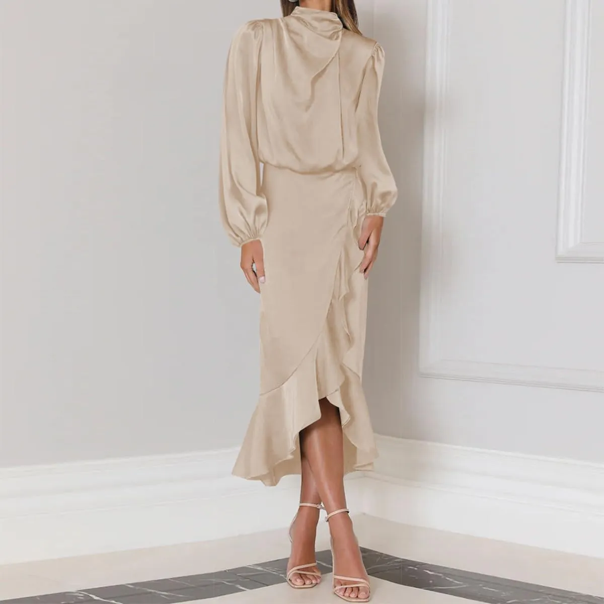 ODIZLI Women Mock Neck Satin Dresses Cocktail Dress Elegant Long Sleeve Ruffle Wrap Fall Dresses