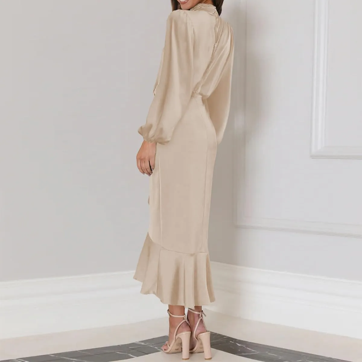 ODIZLI Women Mock Neck Satin Dresses Cocktail Dress Elegant Long Sleeve Ruffle Wrap Fall Dresses