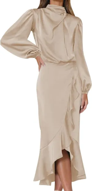 ODIZLI Women Mock Neck Satin Dresses Cocktail Dress Elegant Long Sleeve Ruffle Wrap Fall Dresses
