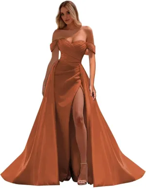 Off Shoulder Prom Dresses Long Ball Gown Split Mermaid Satin Formal Dress with Train P044