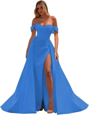 Off Shoulder Prom Dresses Long Ball Gown Split Mermaid Satin Formal Dress with Train P044