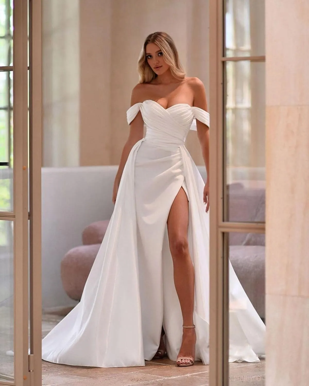 Off Shoulder Prom Dresses Long Ball Gown Split Mermaid Satin Formal Dress with Train P044