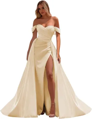Off Shoulder Prom Dresses Long Ball Gown Split Mermaid Satin Formal Dress with Train P044