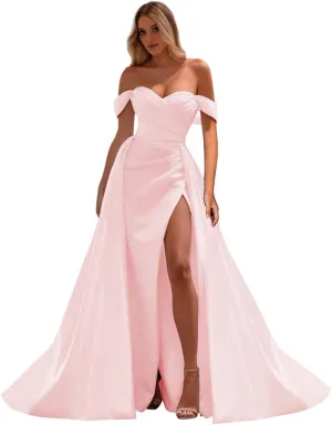 Off Shoulder Prom Dresses Long Ball Gown Split Mermaid Satin Formal Dress with Train P044
