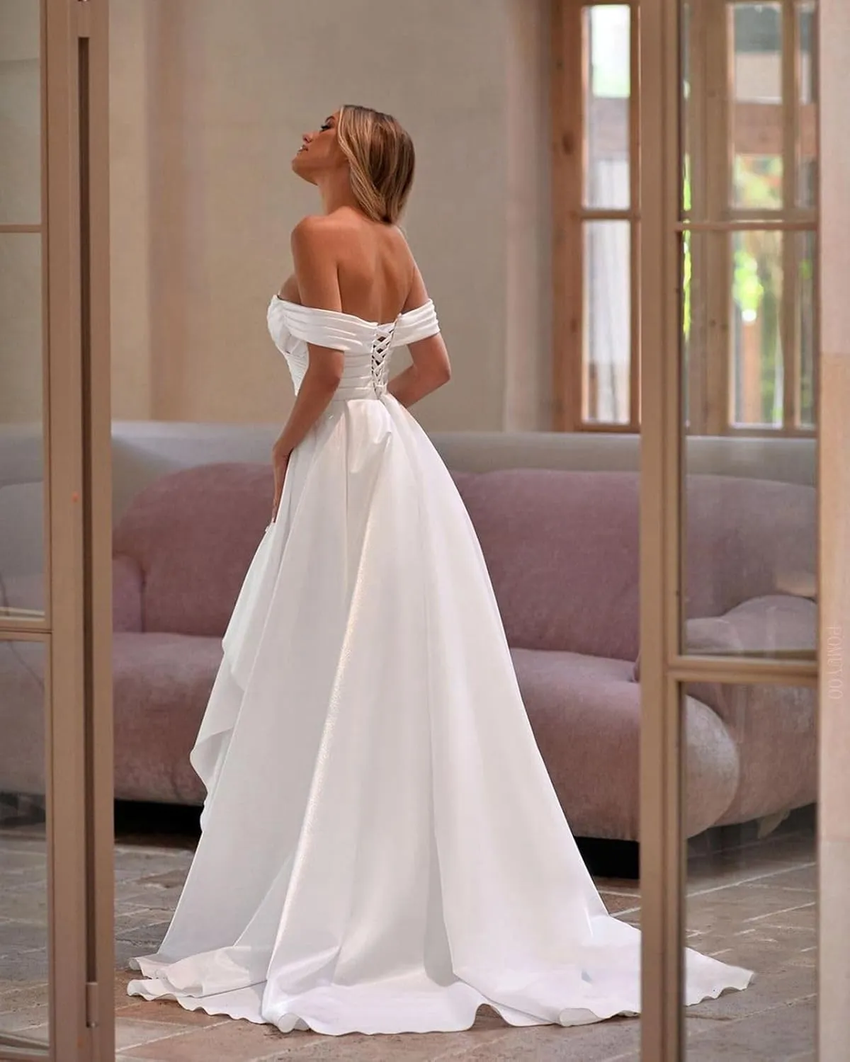 Off Shoulder Prom Dresses Long Ball Gown Split Mermaid Satin Formal Dress with Train P044