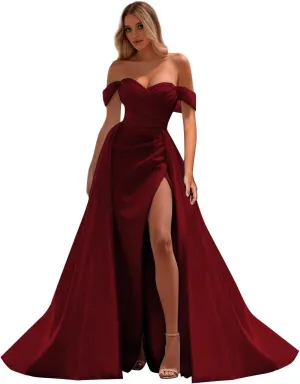 Off Shoulder Prom Dresses Long Ball Gown Split Mermaid Satin Formal Dress with Train P044