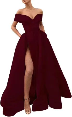 Off Shoulder Satin Prom Dresses Ball Gown Plus Size Formal A Line Dresses for Women Wedding Dress with Slit