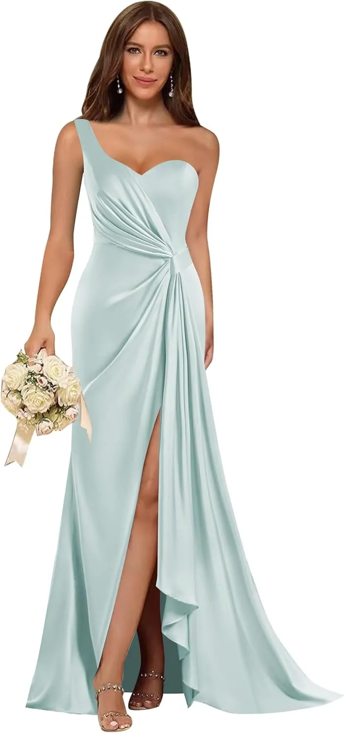 One Shoulder Bridesmaid Dresses 2025 for Wedding Mermaid Satin Prom Dresses Pleated Formal Evening Gowns with Slit