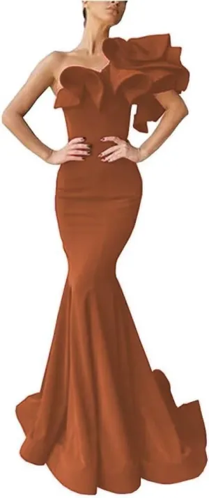 One Shoulder Prom Dress Mermaid Satin Evening Gowns Long Satin Party Dress with Ruffles