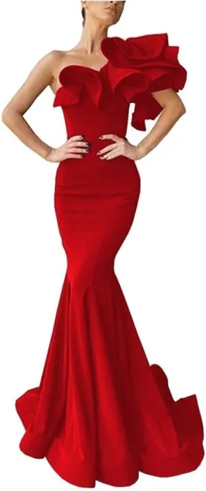 One Shoulder Prom Dress Mermaid Satin Evening Gowns Long Satin Party Dress with Ruffles