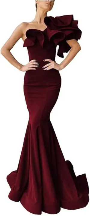 One Shoulder Prom Dress Mermaid Satin Evening Gowns Long Satin Party Dress with Ruffles