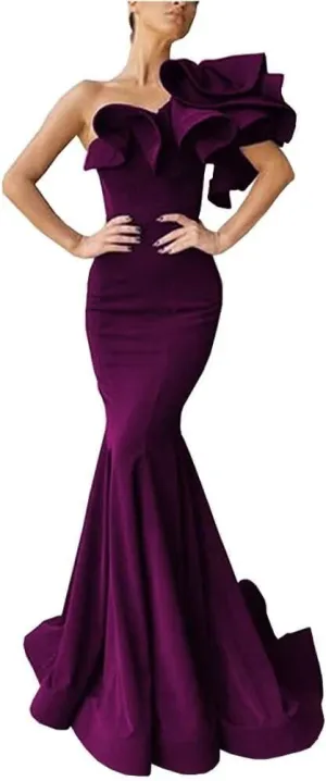One Shoulder Prom Dress Mermaid Satin Evening Gowns Long Satin Party Dress with Ruffles