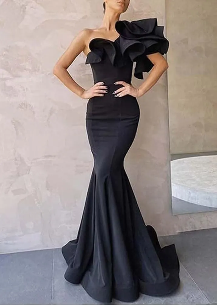 One Shoulder Prom Dress Mermaid Satin Evening Gowns Long Satin Party Dress with Ruffles