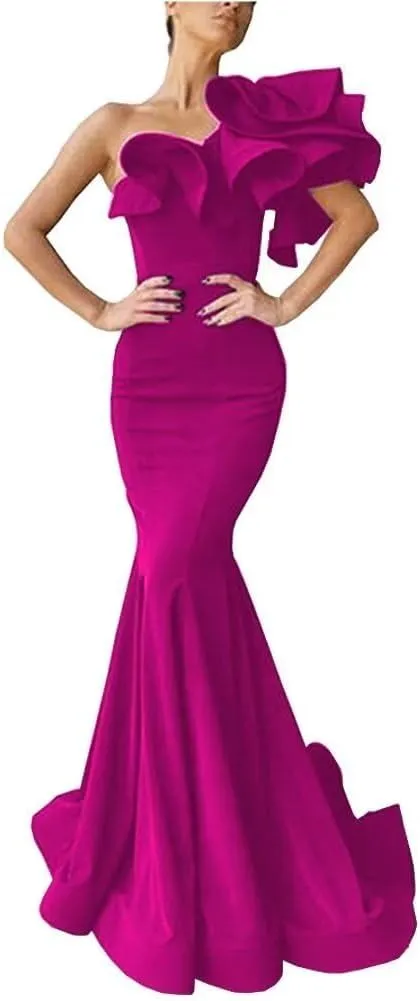 One Shoulder Prom Dress Mermaid Satin Evening Gowns Long Satin Party Dress with Ruffles
