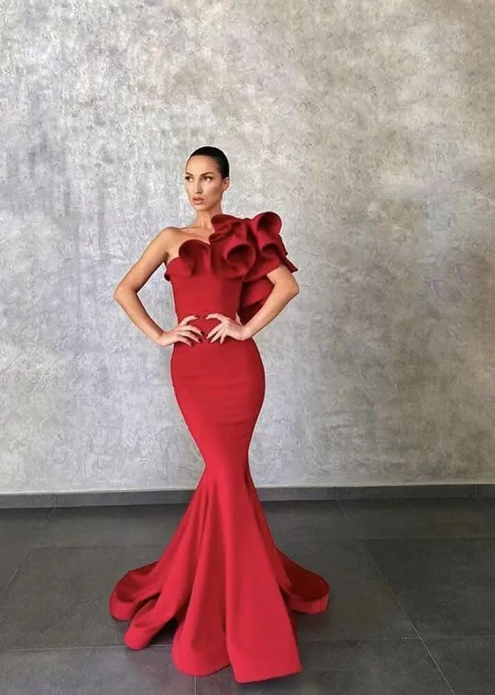 One Shoulder Prom Dress Mermaid Satin Evening Gowns Long Satin Party Dress with Ruffles