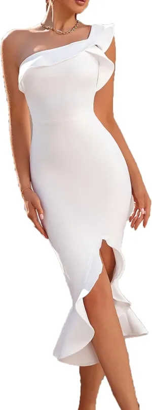 One Shoulder Ruffle Formal Dress Evening Party Elegant Midi Bodycon Wedding Party Dress
