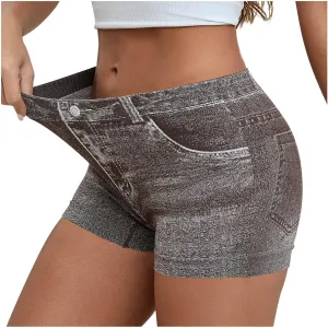 Oplxuo Stretchy Imitation Denim Shorts for Women Trendy Printed High Waisted Skinny Fake Jean Shorts