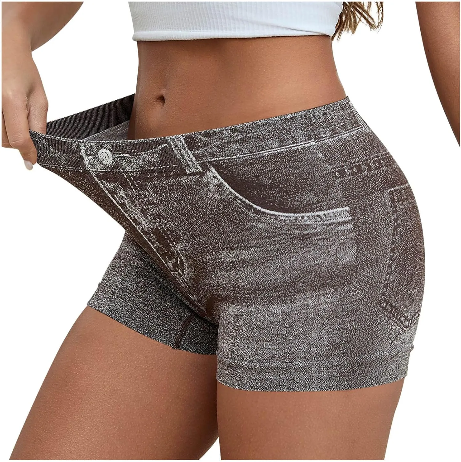 Oplxuo Stretchy Imitation Denim Shorts for Women Trendy Printed High Waisted Skinny Fake Jean Shorts