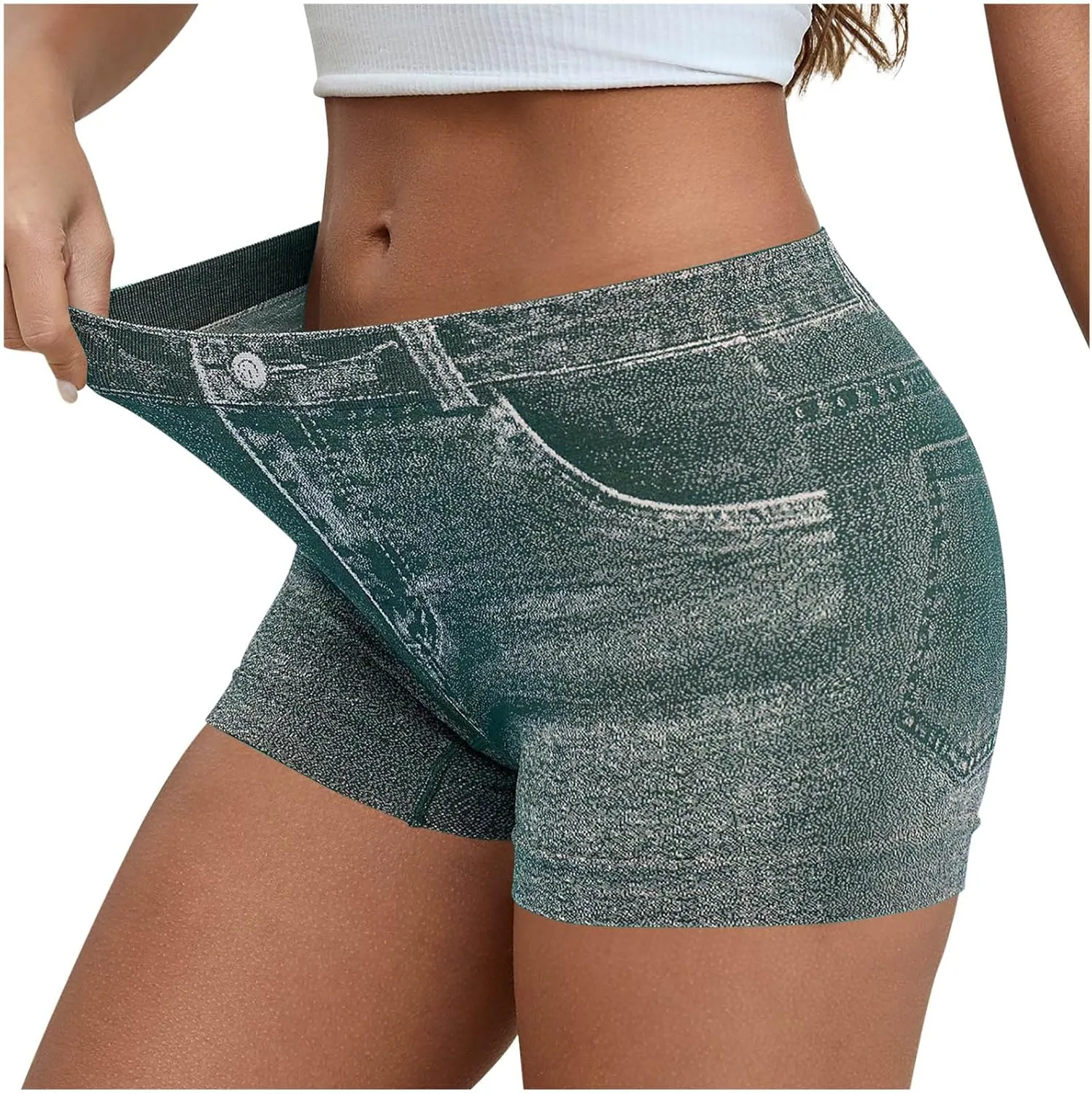Oplxuo Stretchy Imitation Denim Shorts for Women Trendy Printed High Waisted Skinny Fake Jean Shorts
