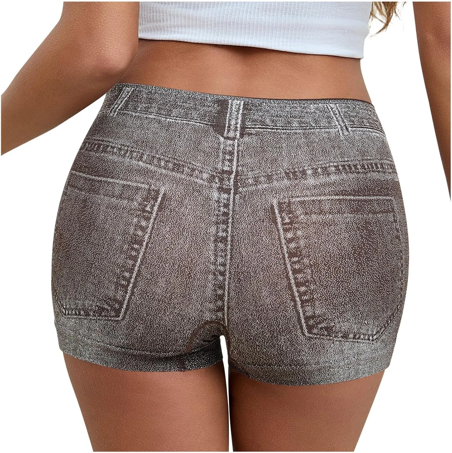 Oplxuo Stretchy Imitation Denim Shorts for Women Trendy Printed High Waisted Skinny Fake Jean Shorts
