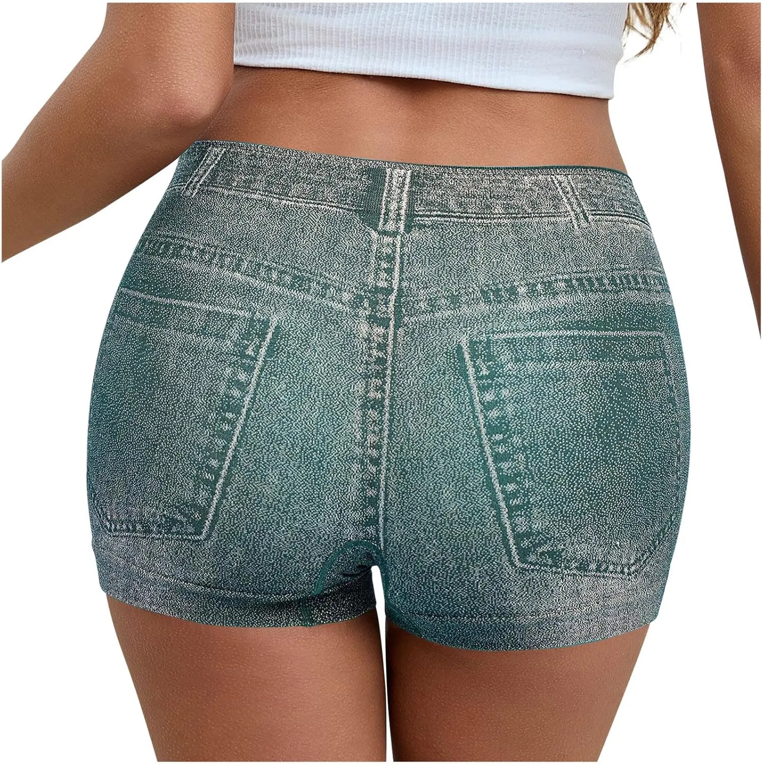 Oplxuo Stretchy Imitation Denim Shorts for Women Trendy Printed High Waisted Skinny Fake Jean Shorts