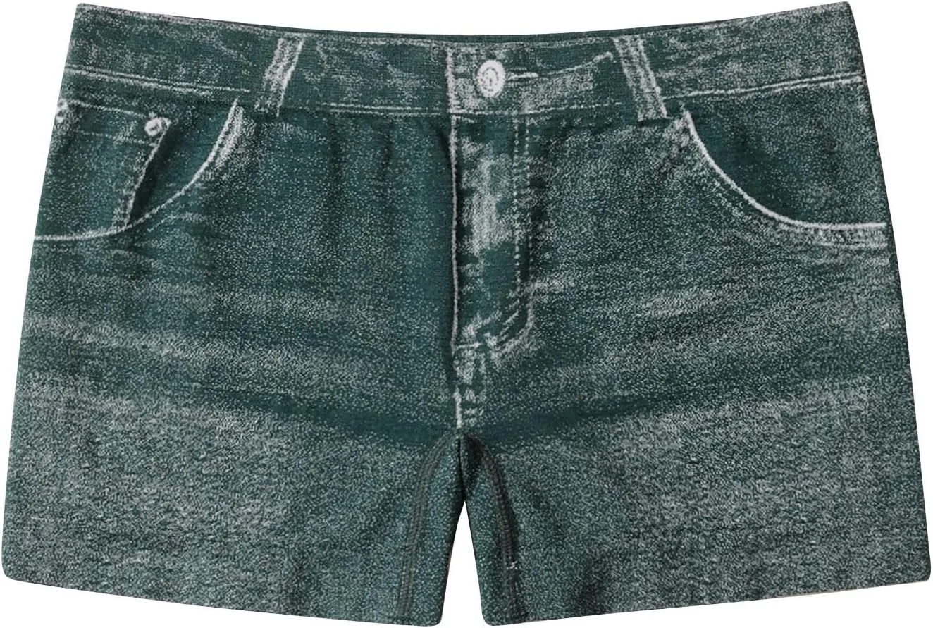 Oplxuo Stretchy Imitation Denim Shorts for Women Trendy Printed High Waisted Skinny Fake Jean Shorts