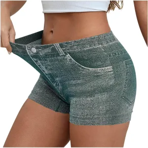 Oplxuo Stretchy Imitation Denim Shorts for Women Trendy Printed High Waisted Skinny Fake Jean Shorts