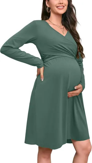 OUGES Womens 2025 V-Neck Maternity Dresses Nursing Breastfeeding Baby Shower Dress