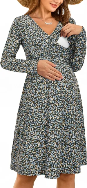 OUGES Womens 2025 V-Neck Maternity Dresses Nursing Breastfeeding Baby Shower Dress