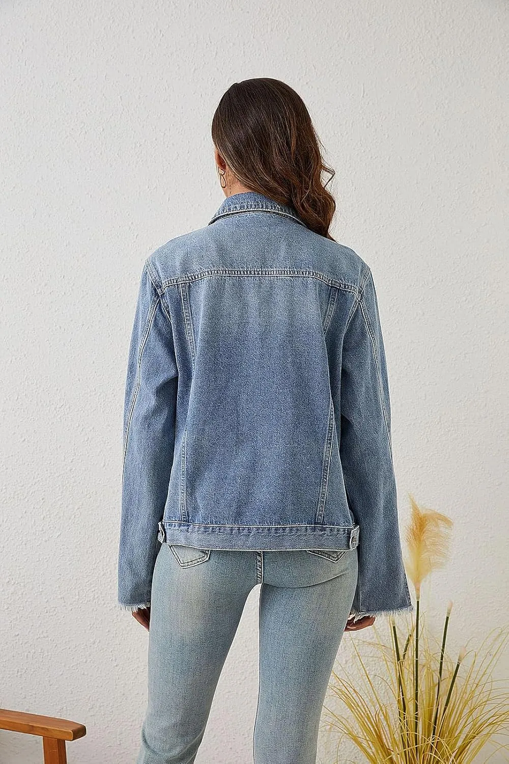 Oversized Denim Jacket for Women Distressed Boyfriend Jean Trucker Jackets Mid Long Denim Jacket