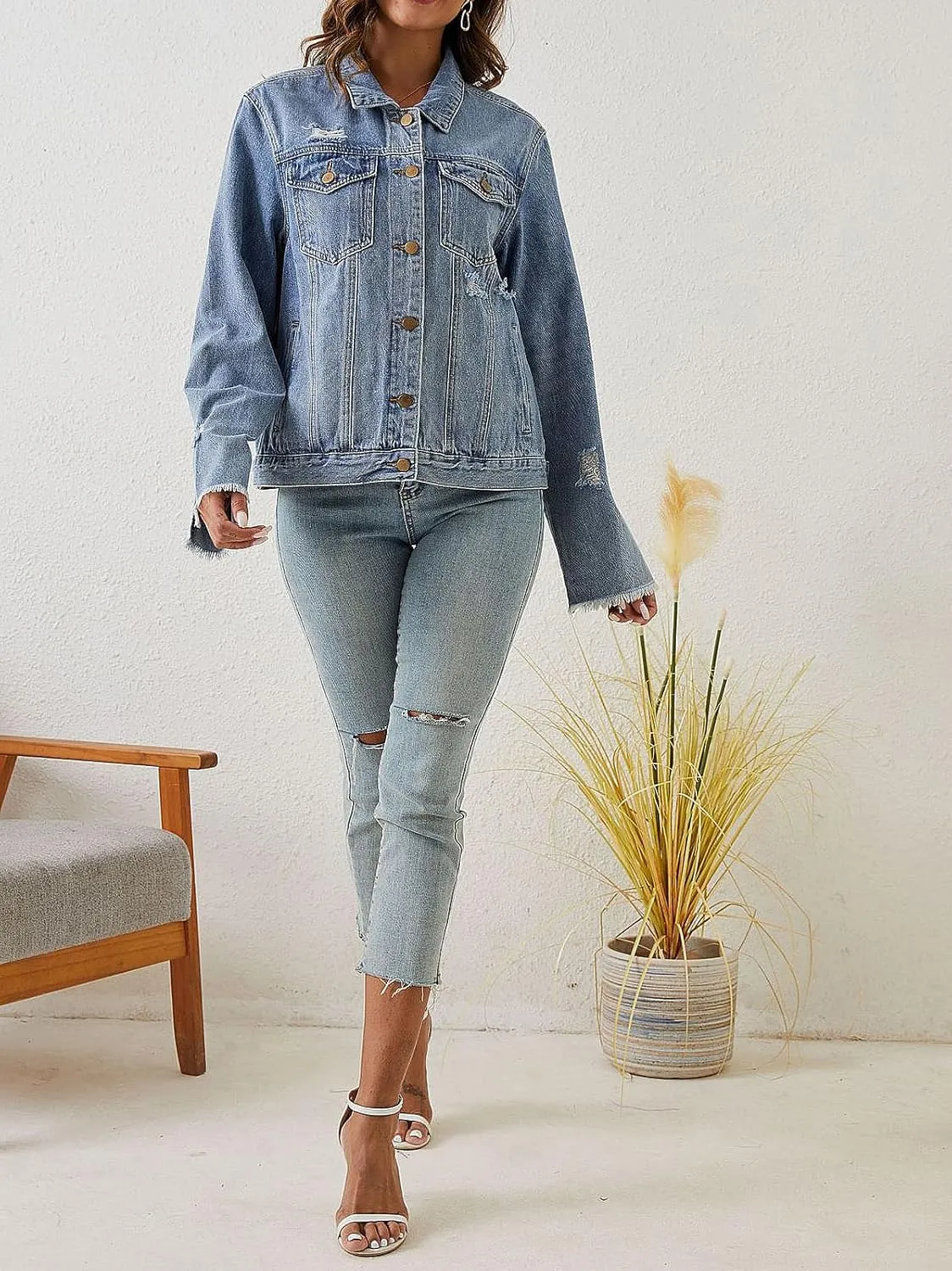 Oversized Denim Jacket for Women Distressed Boyfriend Jean Trucker Jackets Mid Long Denim Jacket