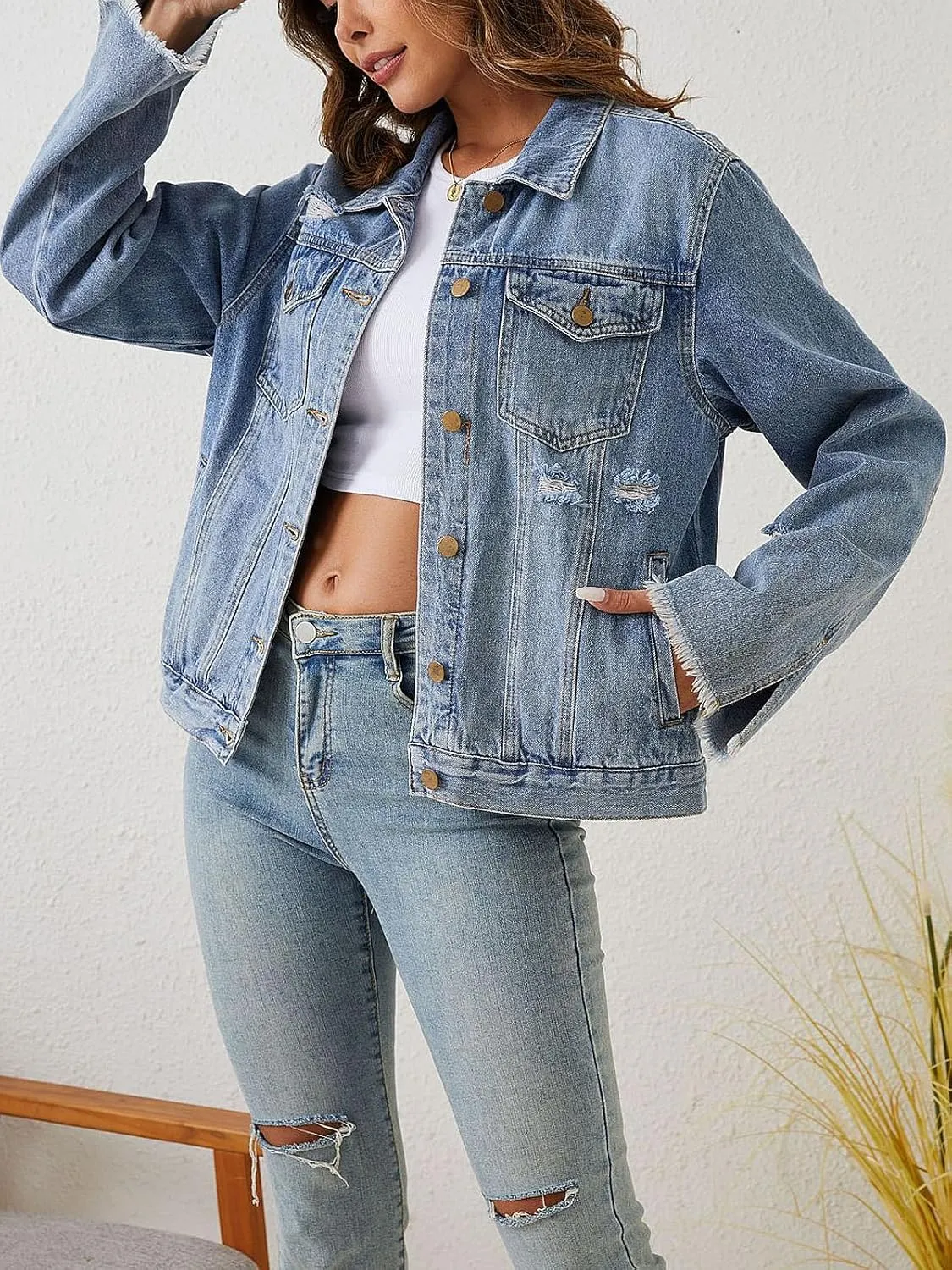 Oversized Denim Jacket for Women Distressed Boyfriend Jean Trucker Jackets Mid Long Denim Jacket