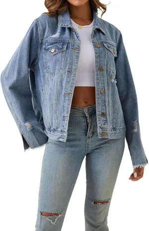Oversized Denim Jacket for Women Distressed Boyfriend Jean Trucker Jackets Mid Long Denim Jacket