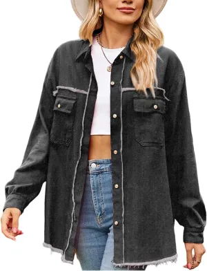 Oversized Jean Jacket for Women Long Denim Jacket Trendy Casual Long Sleeve Denim Buttom Down Shirt Shacket Pockets