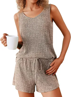 Pajamas Set Women's V-Neck Sleeveless Sleepwear Pj Set Ribbed Knit 2 Piece Outfits Lounge Sets Summer Loungewear Soft