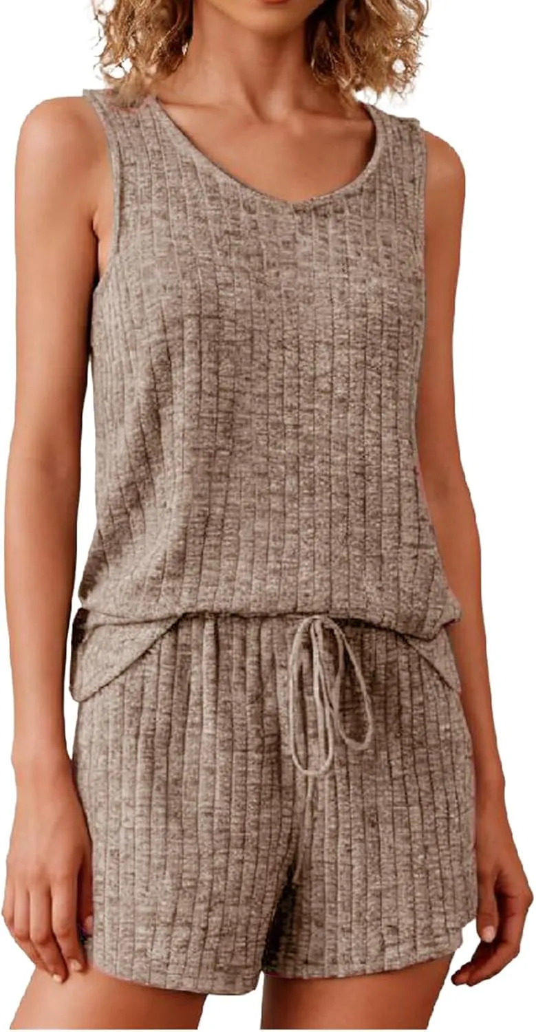 Pajamas Set Women's V-Neck Sleeveless Sleepwear Pj Set Ribbed Knit 2 Piece Outfits Lounge Sets Summer Loungewear Soft