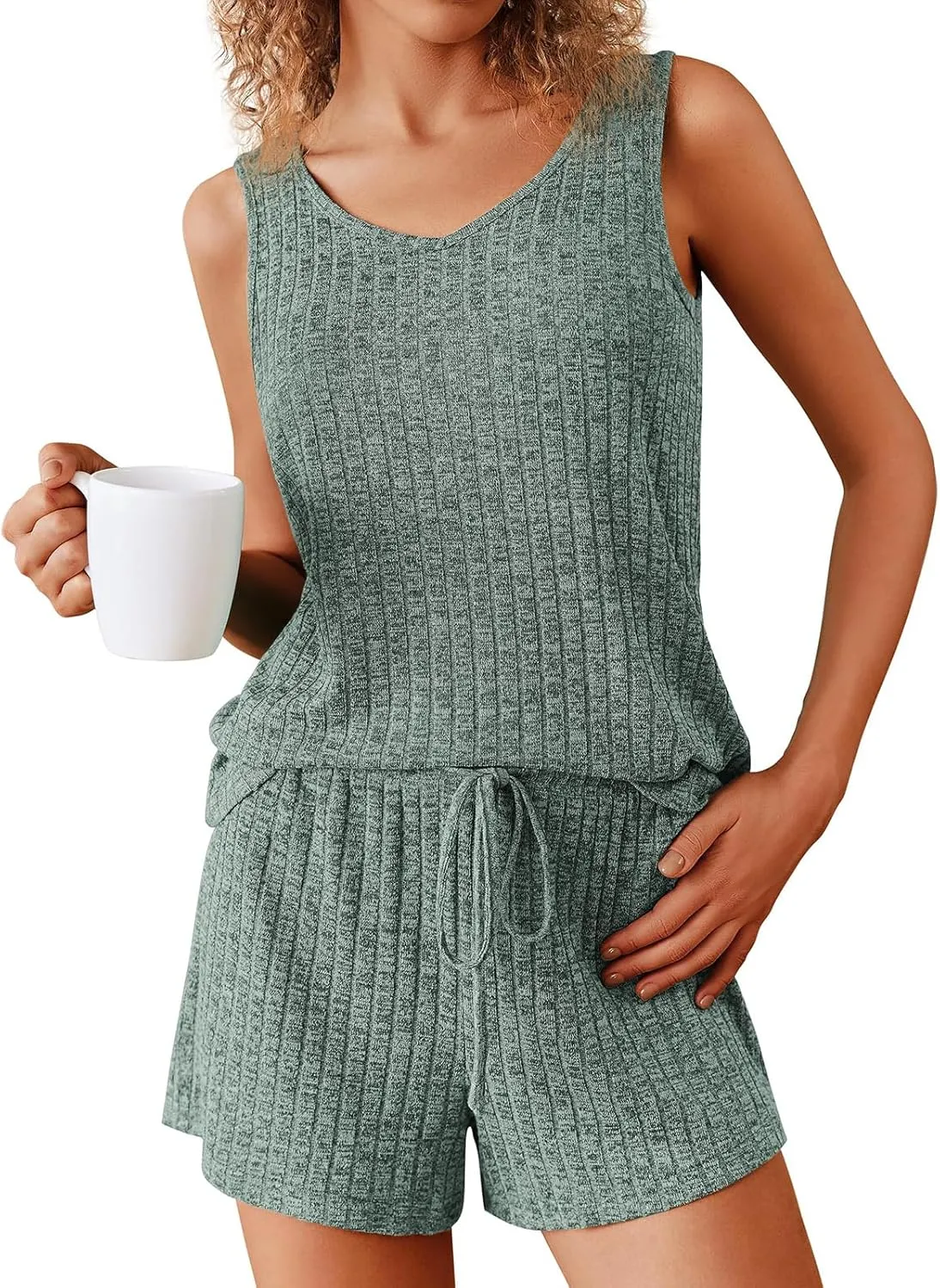 Pajamas Set Women's V-Neck Sleeveless Sleepwear Pj Set Ribbed Knit 2 Piece Outfits Lounge Sets Summer Loungewear Soft