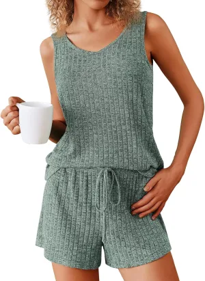 Pajamas Set Women's V-Neck Sleeveless Sleepwear Pj Set Ribbed Knit 2 Piece Outfits Lounge Sets Summer Loungewear Soft