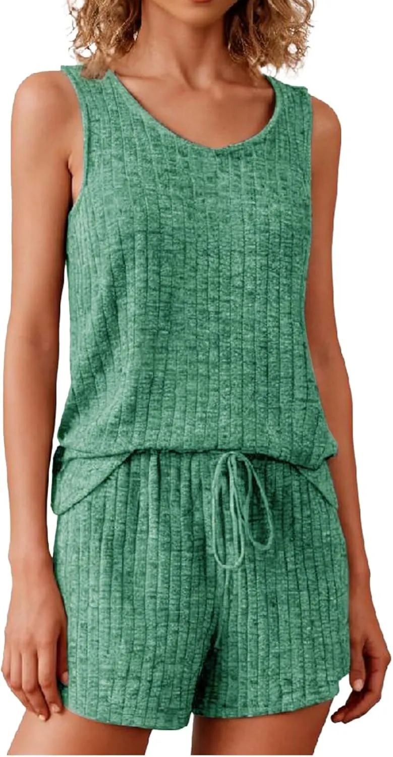 Pajamas Set Women's V-Neck Sleeveless Sleepwear Pj Set Ribbed Knit 2 Piece Outfits Lounge Sets Summer Loungewear Soft