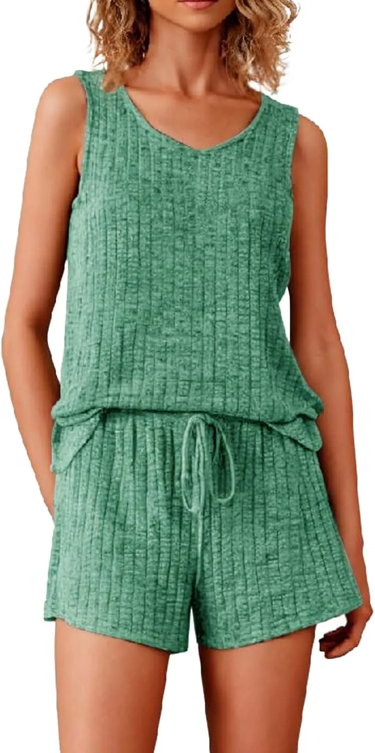 Pajamas Set Women's V-Neck Sleeveless Sleepwear Pj Set Ribbed Knit 2 Piece Outfits Lounge Sets Summer Loungewear Soft